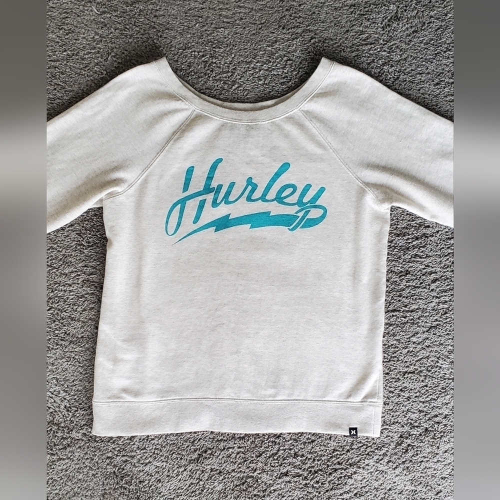 💚5/$25 Hurley Off The Shoulder Gray Turquoise Sweatshirt Skater Beach Casual